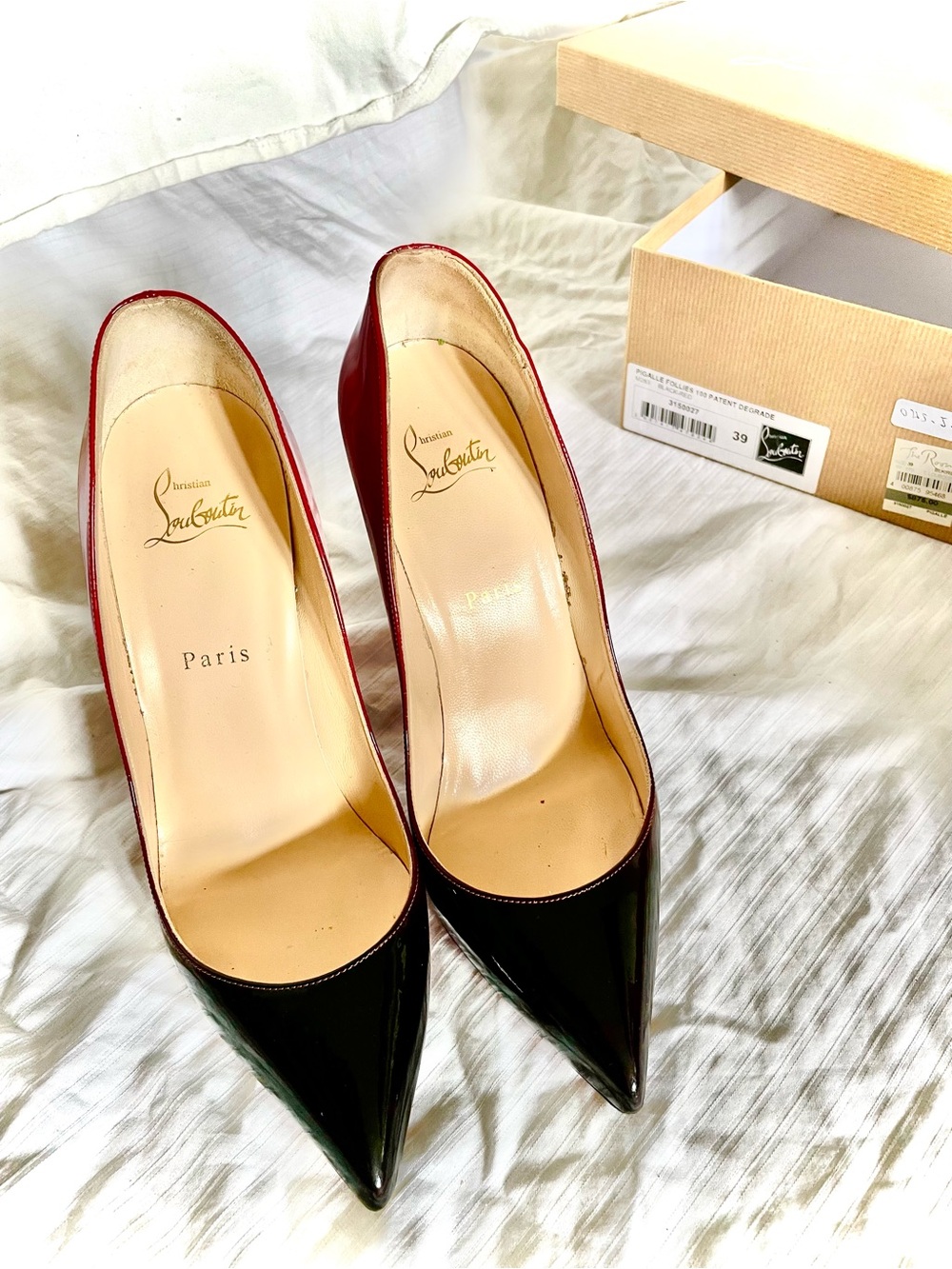 Christian Louboutin Black Patent Leather Pointed-Toe Pumps with Red Trim